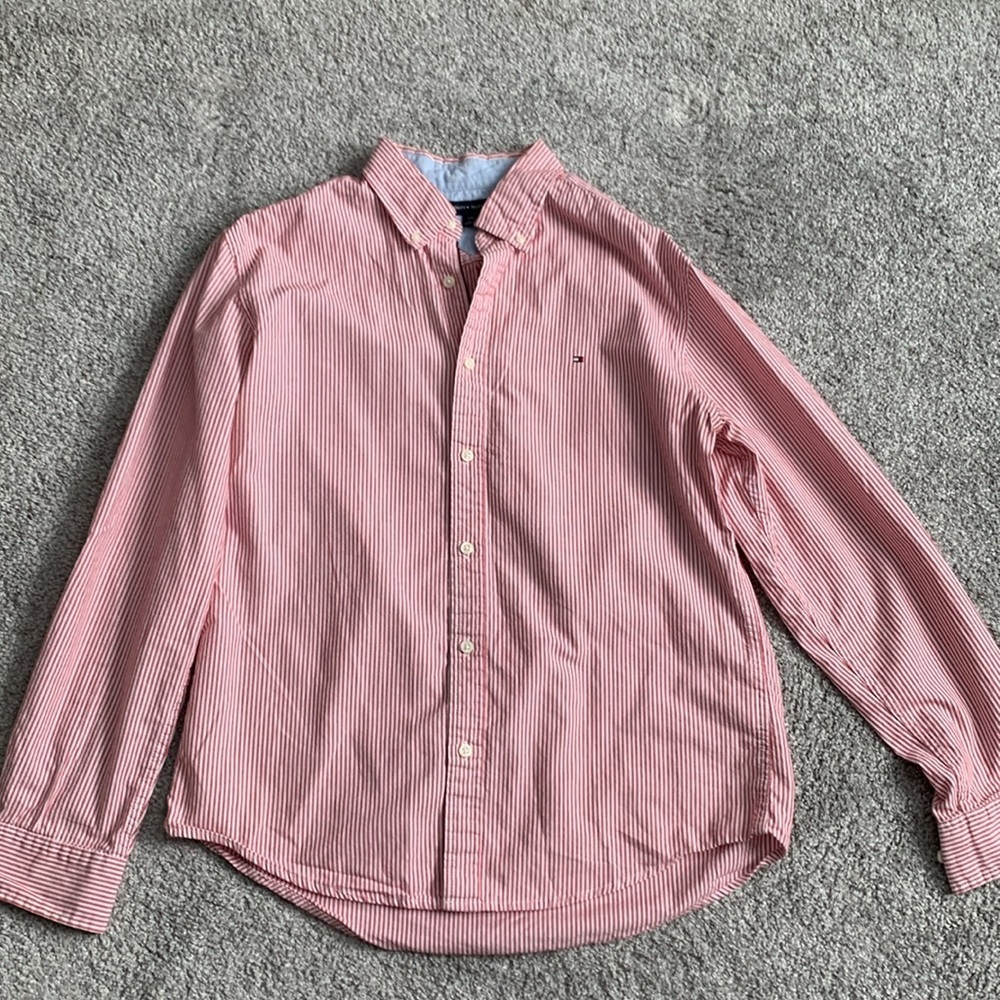 Tommy Hilfiger men’s business casual shirt red white striped size large